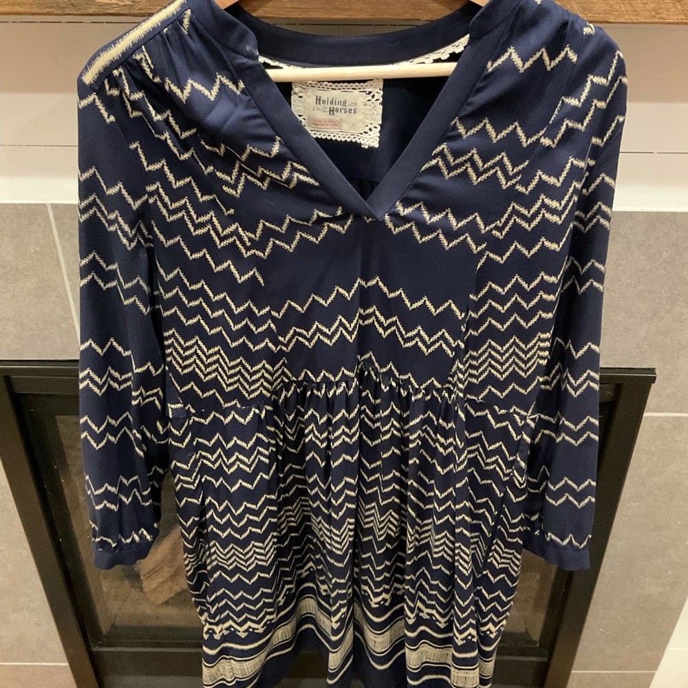 Anthropologie A-line navy and cream colored dress size small